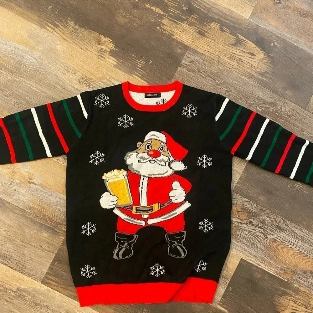 Santa with beer, ugly Christmas sweater, funny, office party size Large